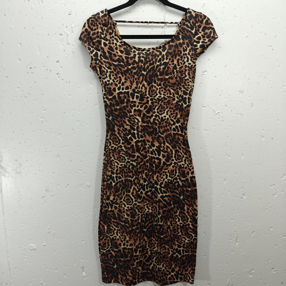 Love j Women's Small Leopard Print Bodycon‎ Midi Dress Draped Gold Chain Back